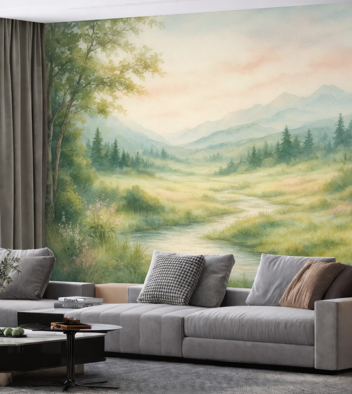 Fototapeta Akwarelowy widok z ścieżką i szczytami górskimi.