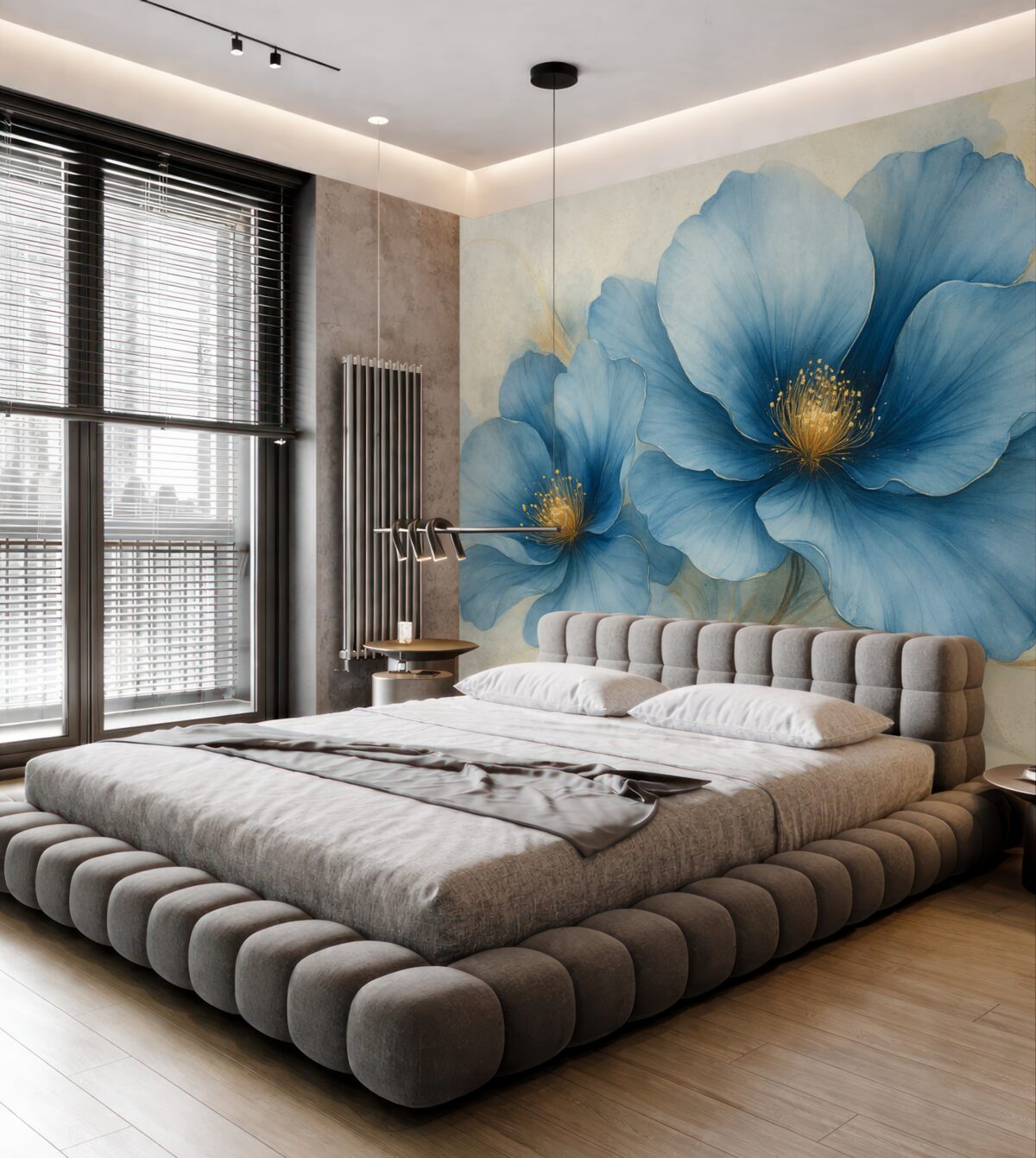 Fototapeta Marzycielski obraz kwiatowy z dużymi, subtelnymi niebieskimi kwiatami.