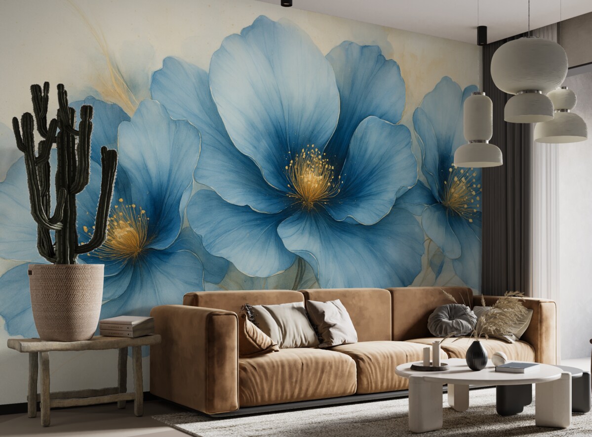 Fototapeta Marzycielski obraz kwiatowy z dużymi, subtelnymi niebieskimi kwiatami.