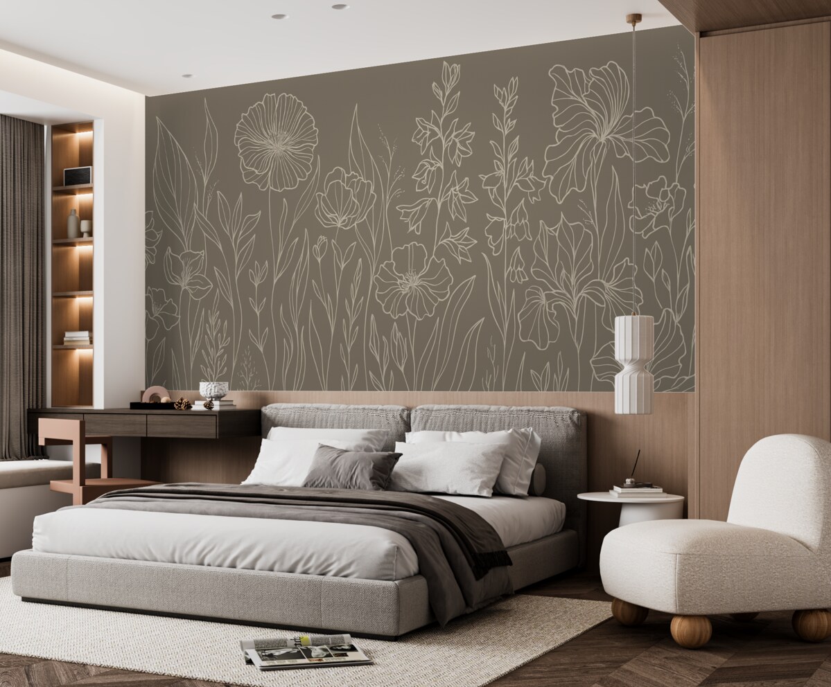 Fototapeta Stylowe kwiatowe wzory na oliwkowym tle.