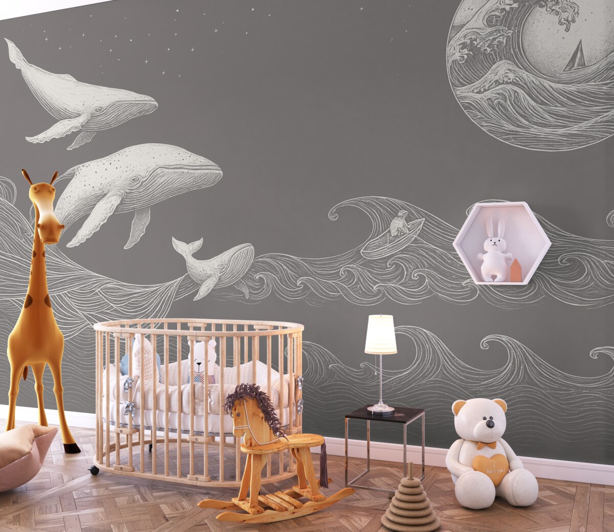 Fototapeta Wieloryby oraz fale w minimalistycznej grafice wektorowej.