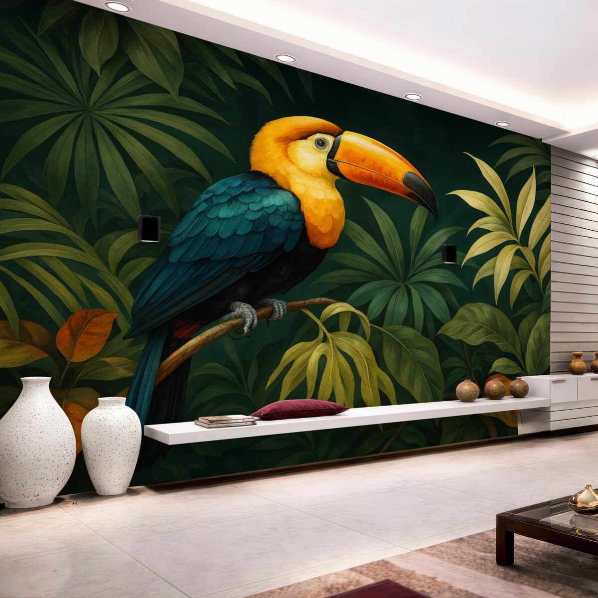 Fototapeta Tropikalny krajobraz z kolorowym tukanem siedzącym na konarze, otoczonym gęstymi liśćmi o dużych kształtach w intensywnych tonacjach zieleni i żółci.