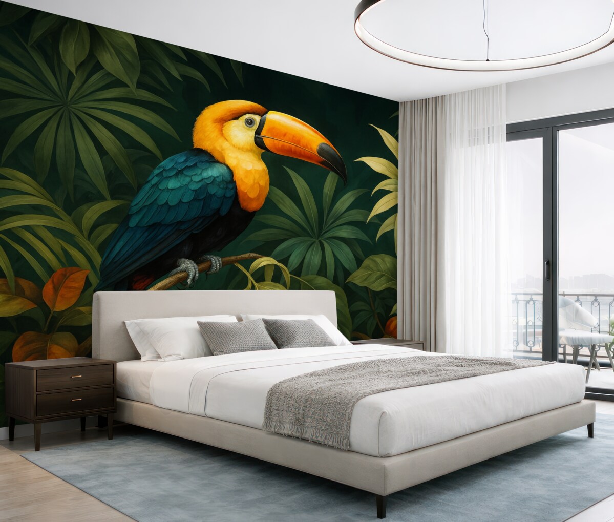 Fototapeta Tropikalny krajobraz z kolorowym tukanem siedzącym na konarze, otoczonym gęstymi liśćmi o dużych kształtach w intensywnych tonacjach zieleni i żółci.