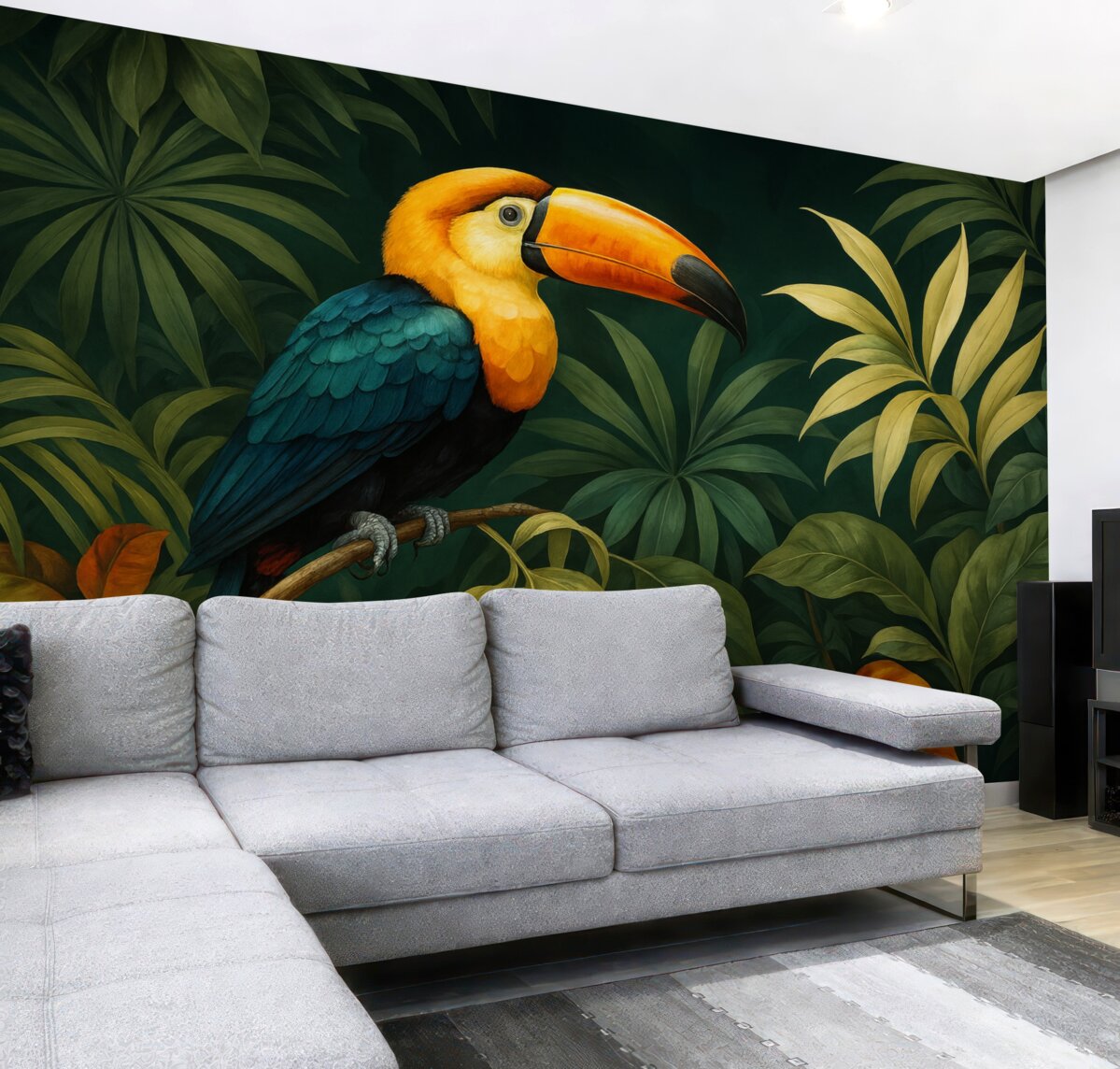 Fototapeta Tropikalny krajobraz z kolorowym tukanem siedzącym na konarze, otoczonym gęstymi liśćmi o dużych kształtach w intensywnych tonacjach zieleni i żółci.
