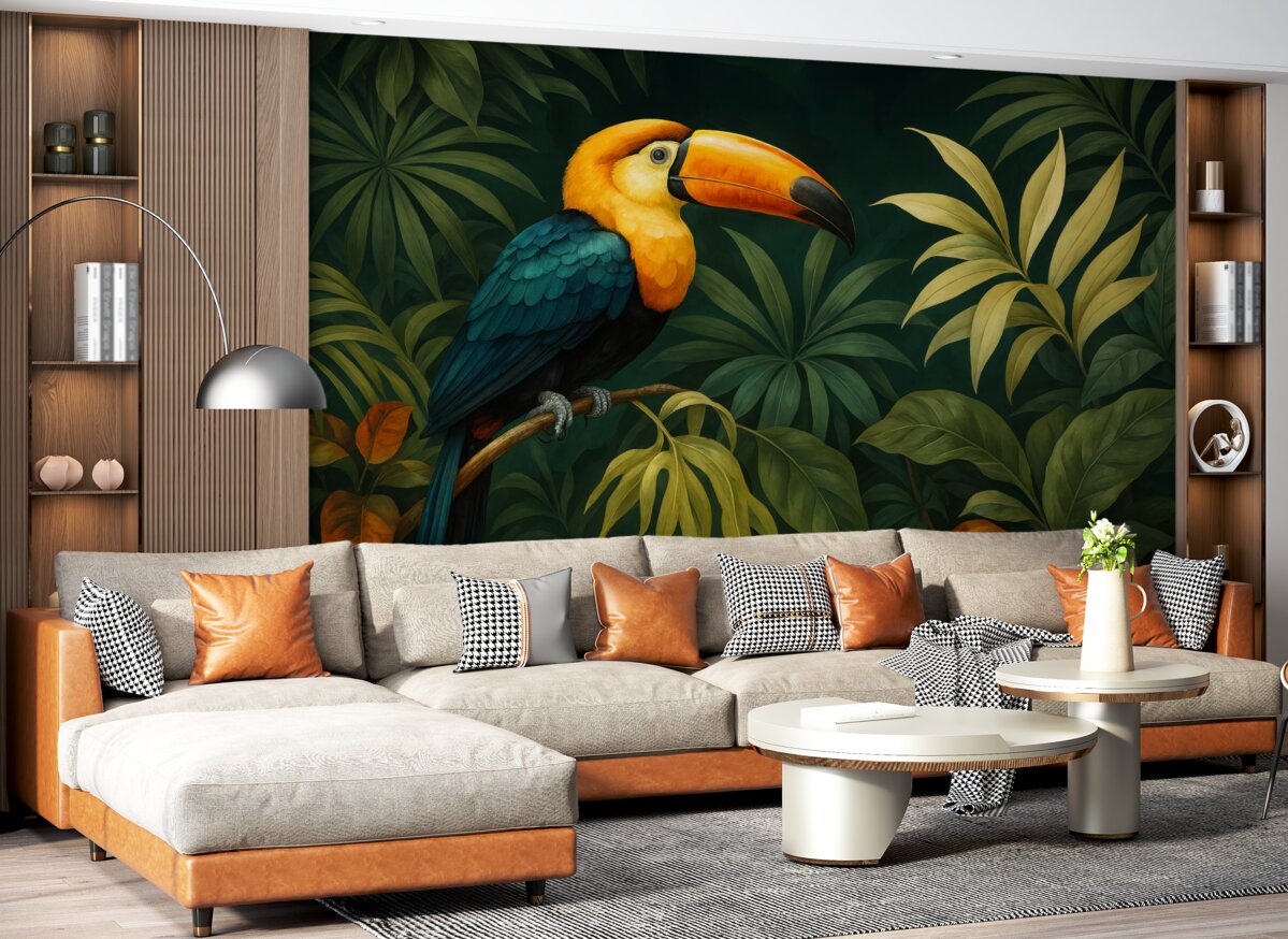 Fototapeta Tropikalny krajobraz z kolorowym tukanem siedzącym na konarze, otoczonym gęstymi liśćmi o dużych kształtach w intensywnych tonacjach zieleni i żółci.