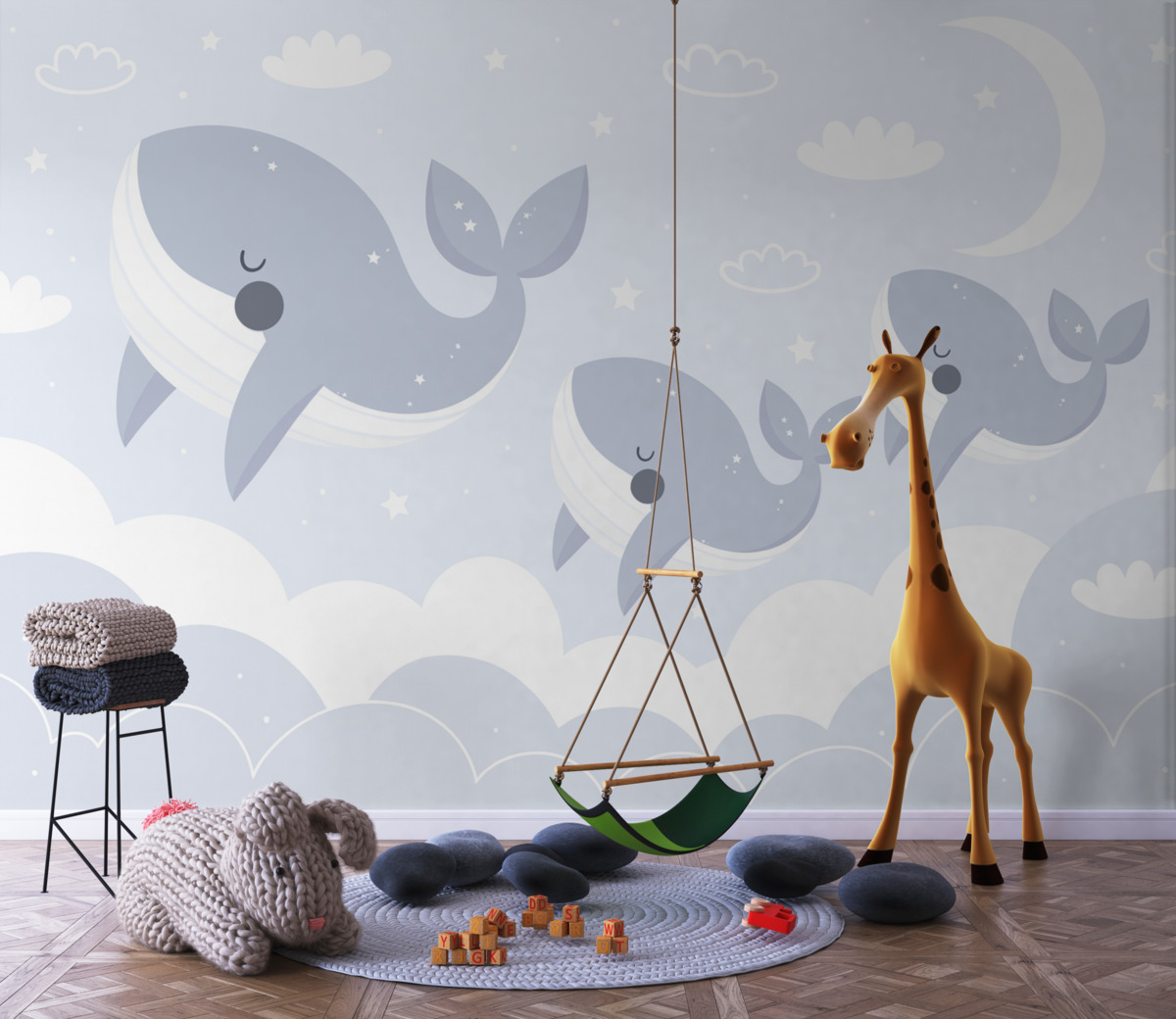 Fototapeta błękitne wieloryby w obłokach