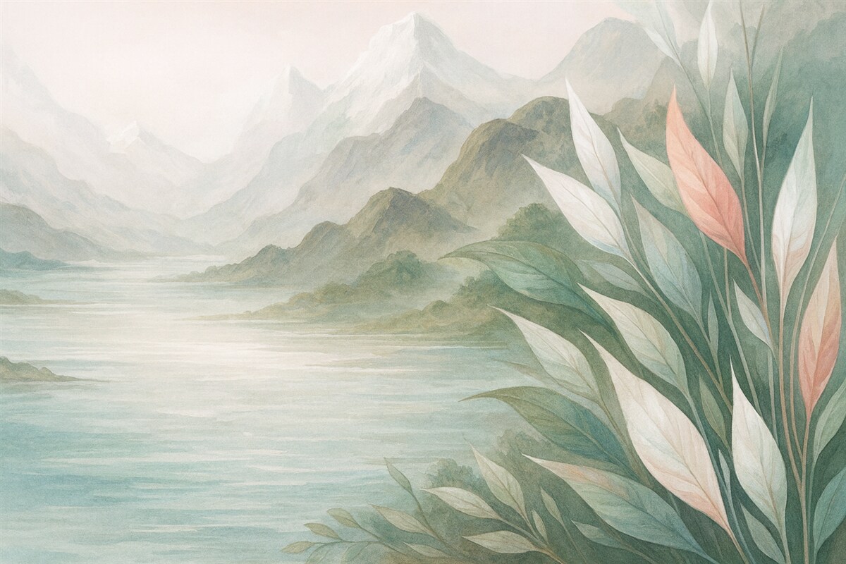 Fototapeta Jezioro w górach z nachylonymi stokami.