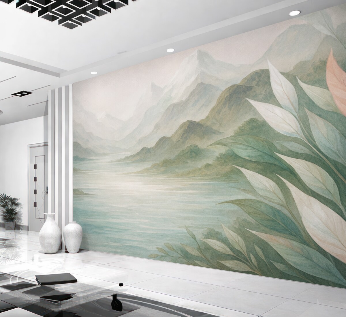 Fototapeta Jezioro w górach z nachylonymi stokami.