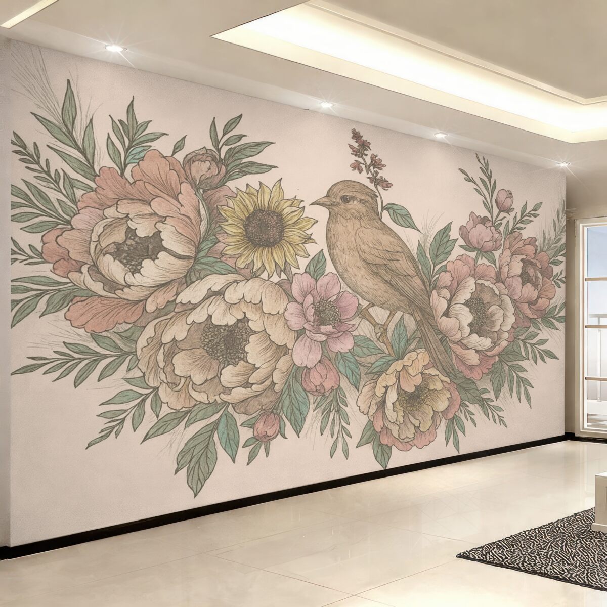 Fototapeta Ilustracje ptaków i roślin w stylu retro.