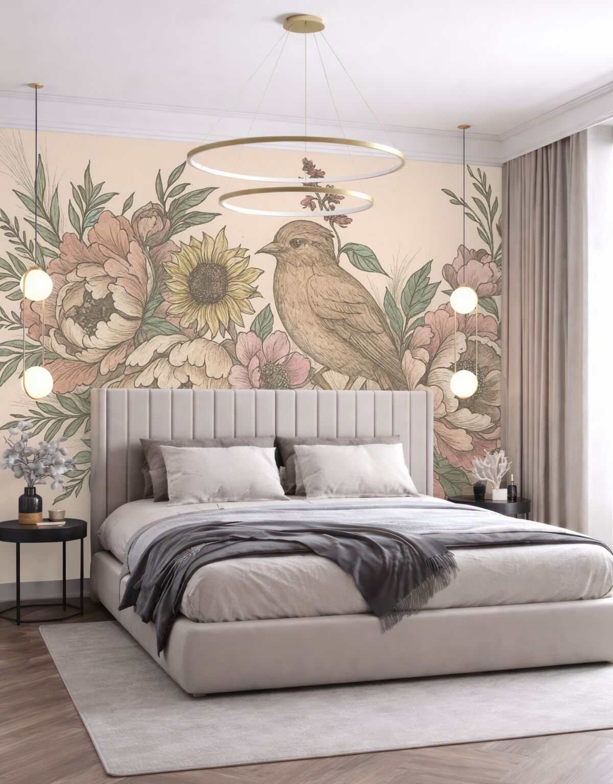 Fototapeta Ilustracje ptaków i roślin w stylu retro.