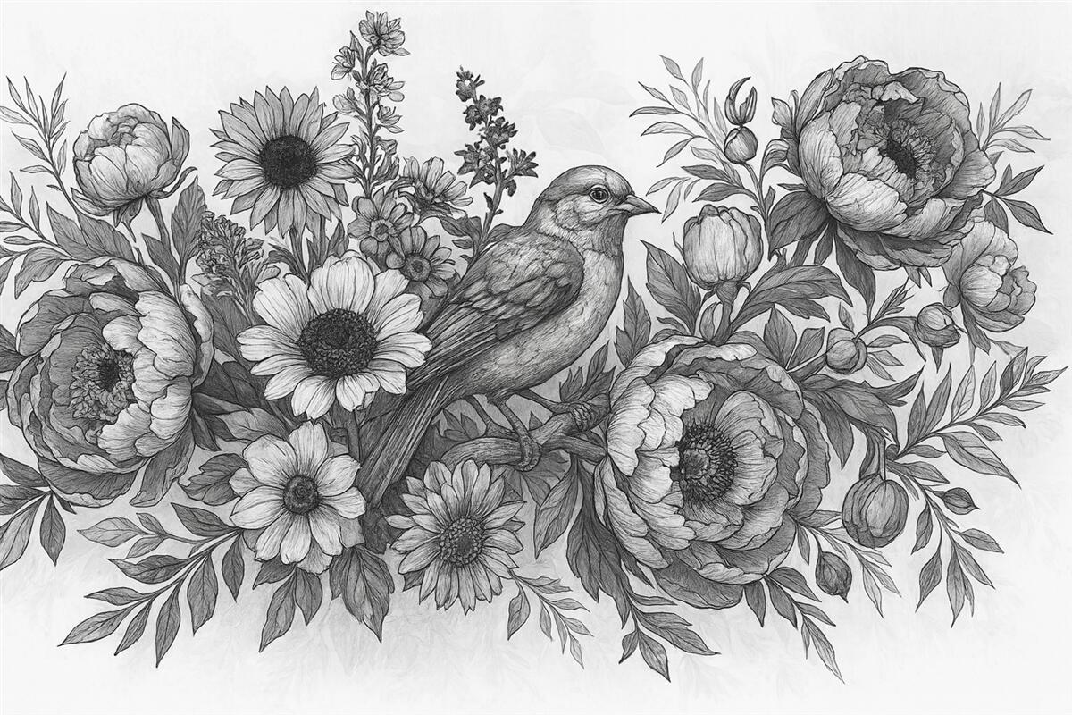 Fototapeta Jednokolorowa kompozycja z roślin i ptaków.