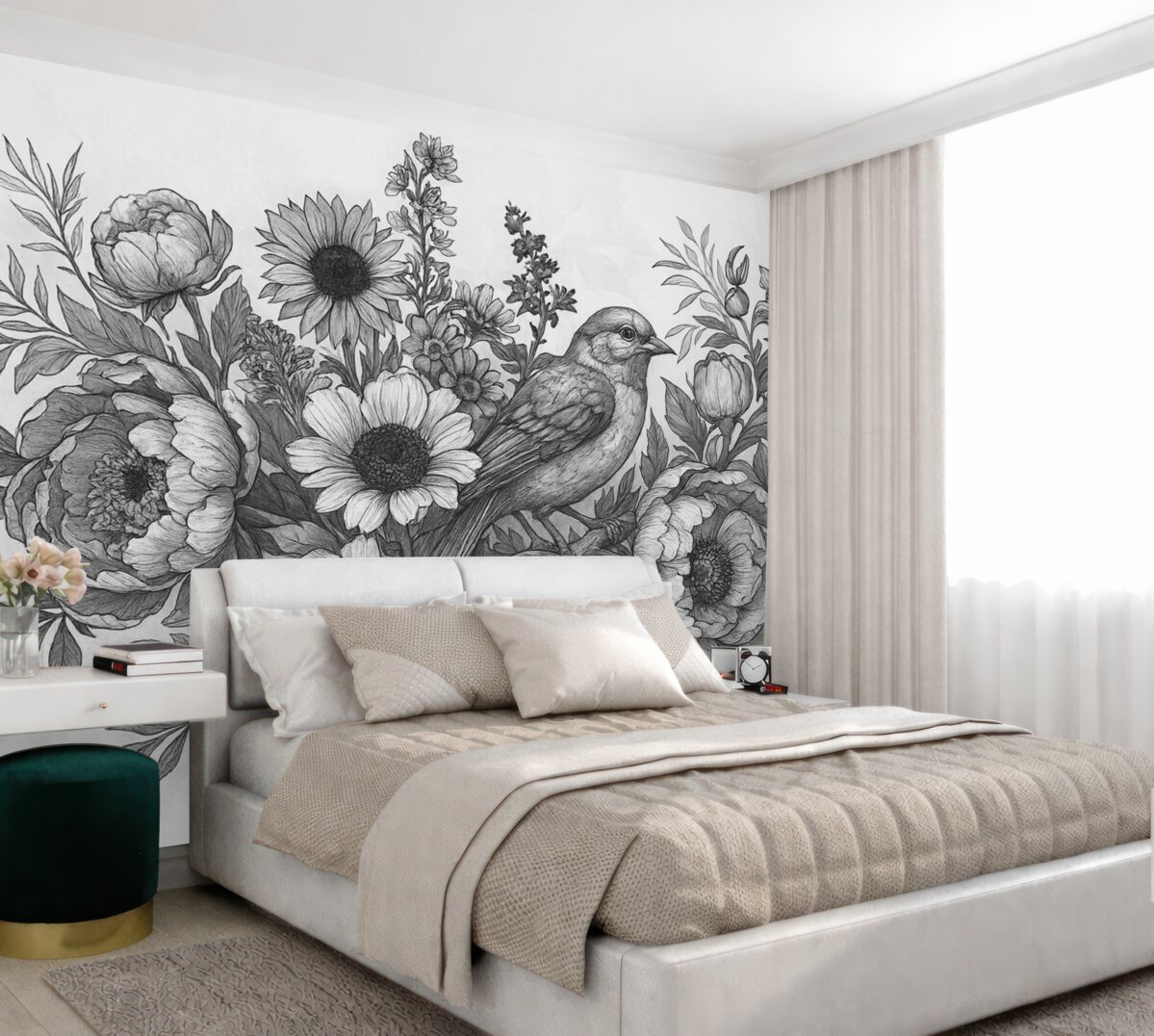 Fototapeta Jednokolorowa kompozycja z roślin i ptaków.