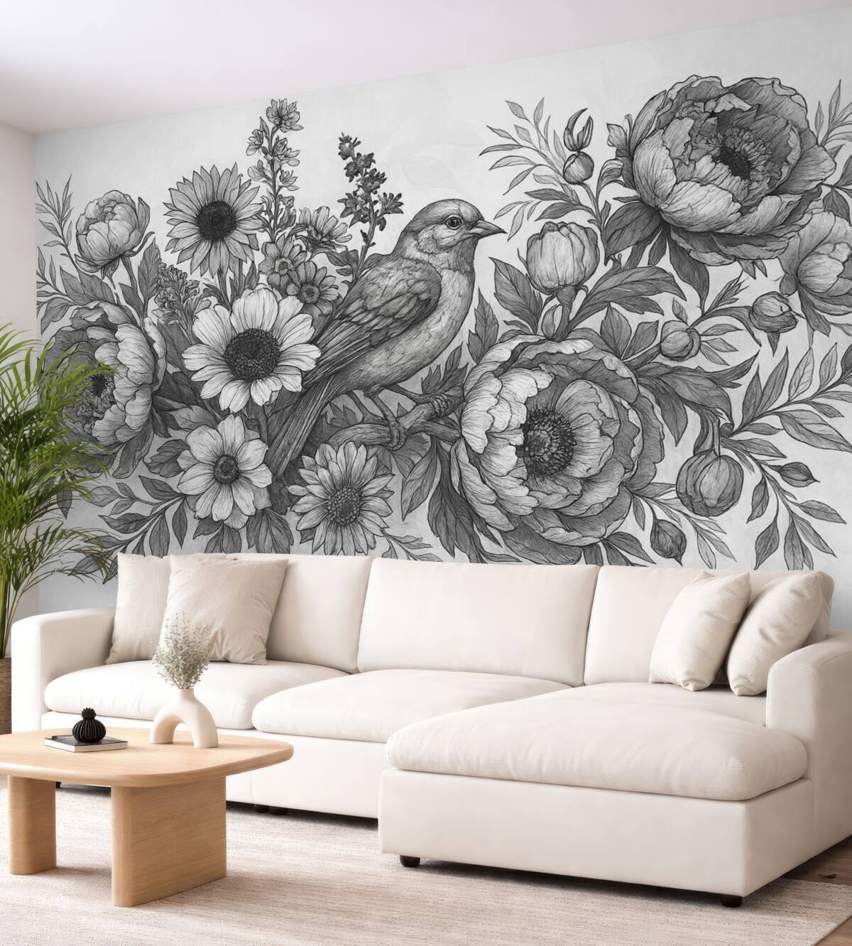 Fototapeta Jednokolorowa kompozycja z roślin i ptaków.