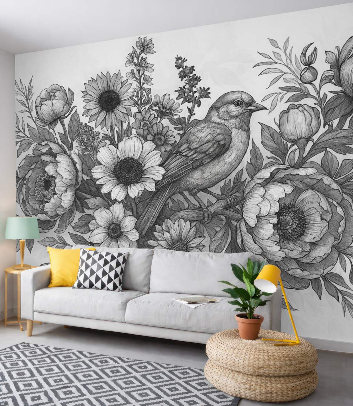 Fototapeta Jednokolorowa kompozycja z roślin i ptaków.