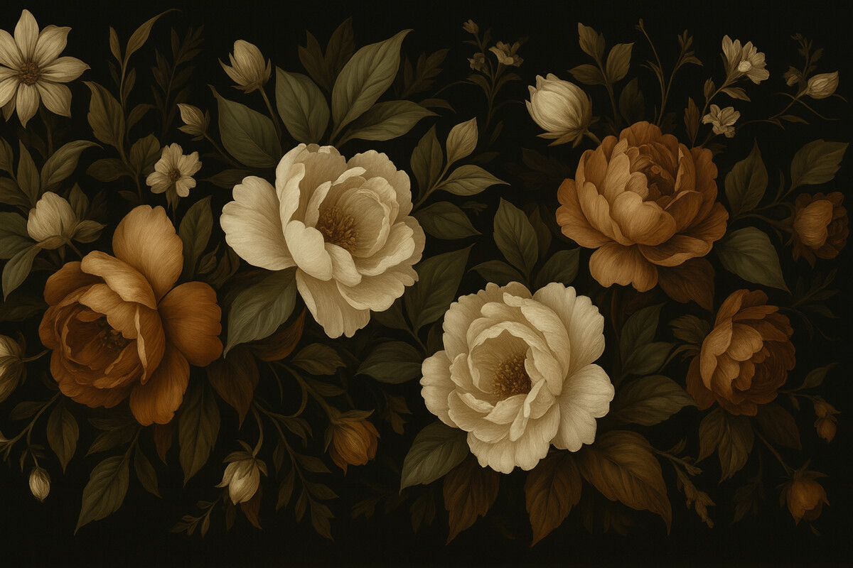 Fototapeta Różnorodne kwiaty na mrocznym tle.