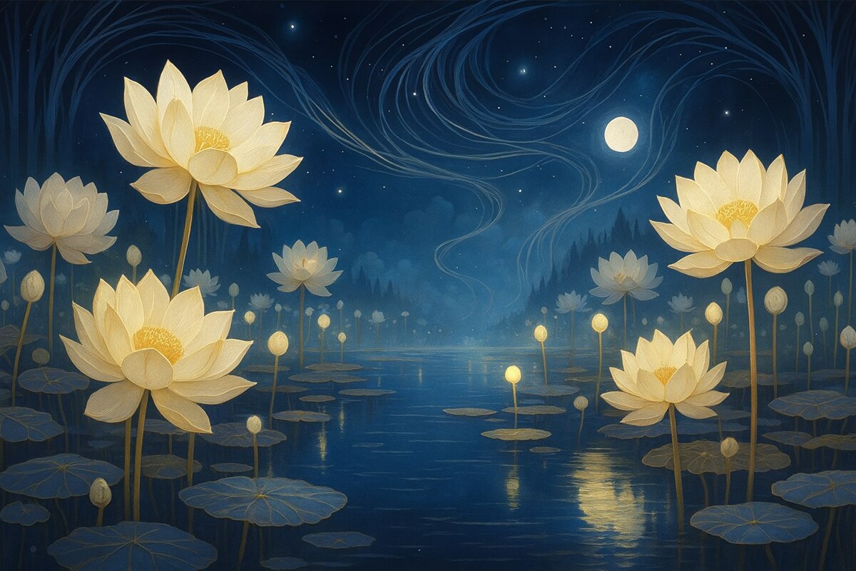 Fototapeta Obraz olejny przedstawiający lotosy w nocy.