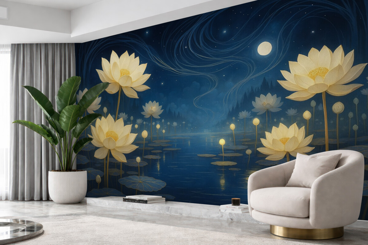 Fototapeta Obraz olejny przedstawiający lotosy w nocy.