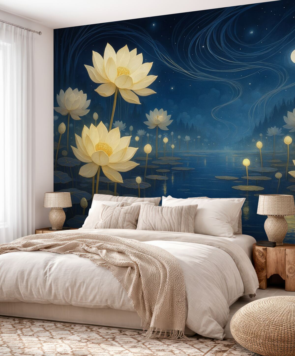 Fototapeta Obraz olejny przedstawiający lotosy w nocy.