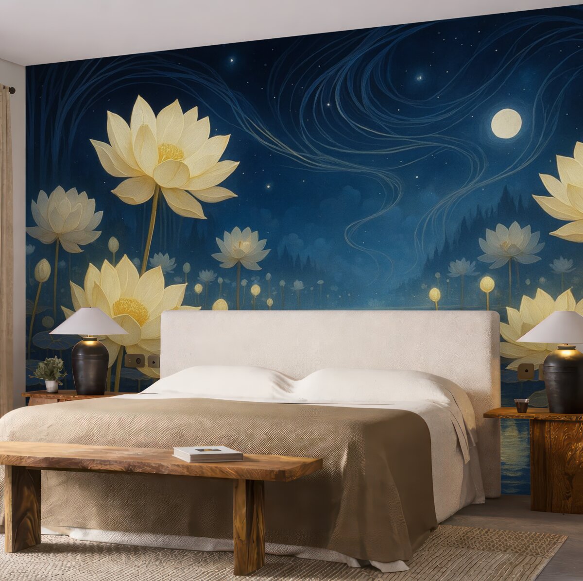 Fototapeta Obraz olejny przedstawiający lotosy w nocy.