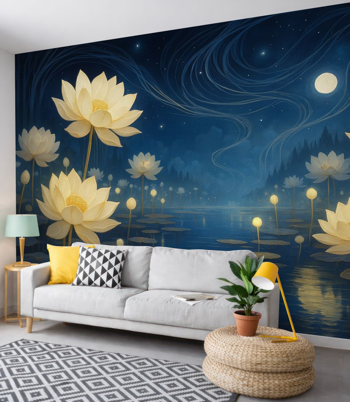 Fototapeta Obraz olejny przedstawiający lotosy w nocy.