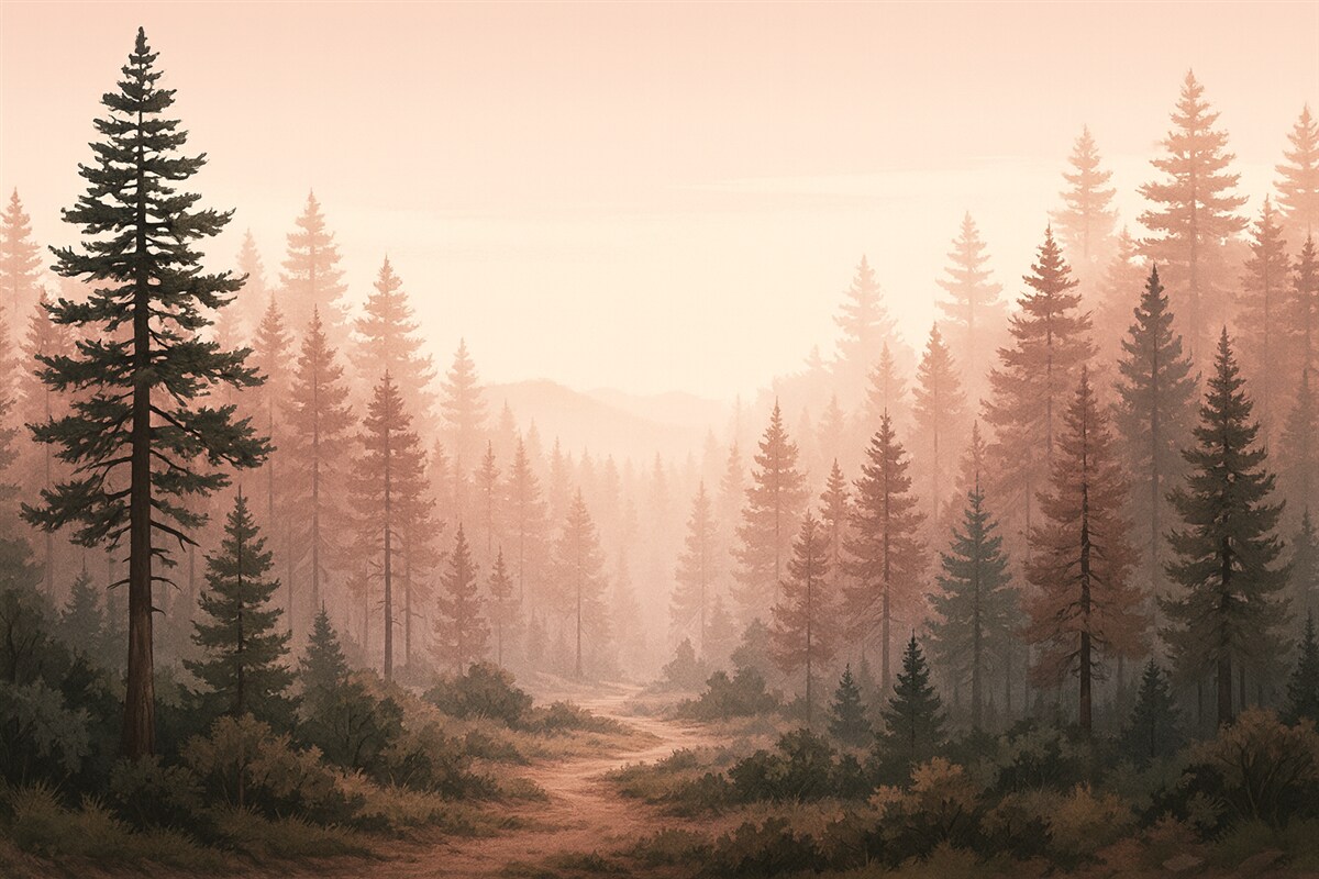 Fototapeta Poranny leśny pejzaż z wysokimi sosnami w ciepłych różowo-brązowych tonacjach, subtelna mgła kreująca radosną atmosferę.