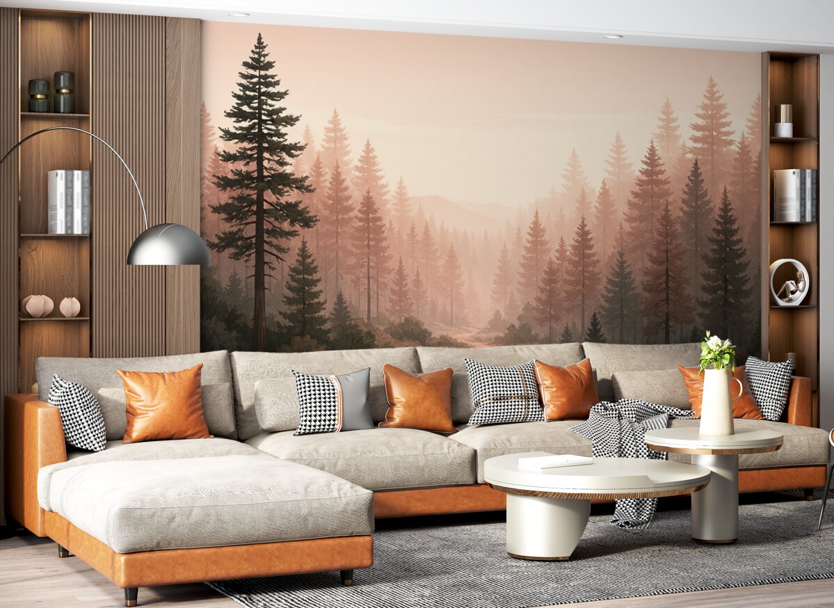 Fototapeta Poranny leśny pejzaż z wysokimi sosnami w ciepłych różowo-brązowych tonacjach, subtelna mgła kreująca radosną atmosferę.