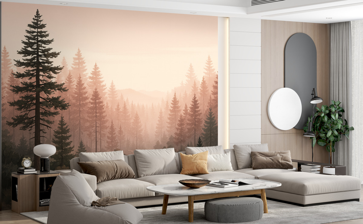 Fototapeta Poranny leśny pejzaż z wysokimi sosnami w ciepłych różowo-brązowych tonacjach, subtelna mgła kreująca radosną atmosferę.