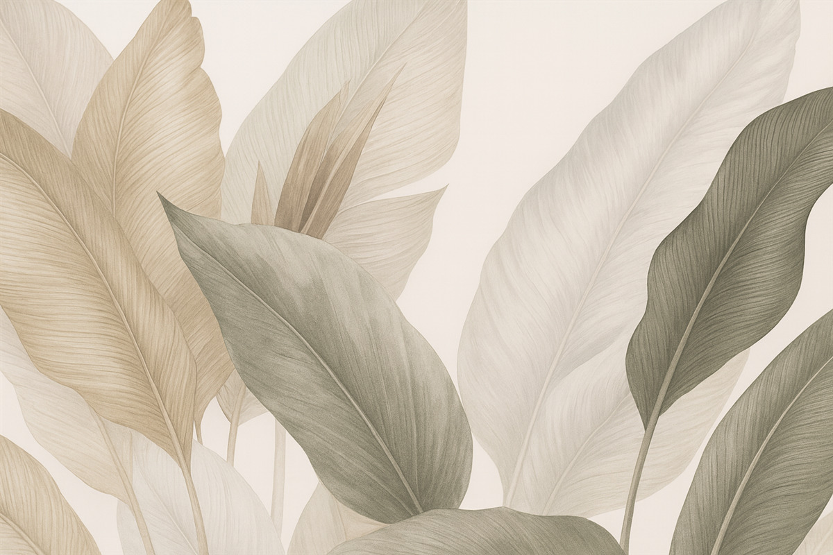 Fototapeta Tropikalne liście w subtelnych tonacjach beżu oraz zieleni, z efektem akwareli i delikatnymi zmianami kolorów.