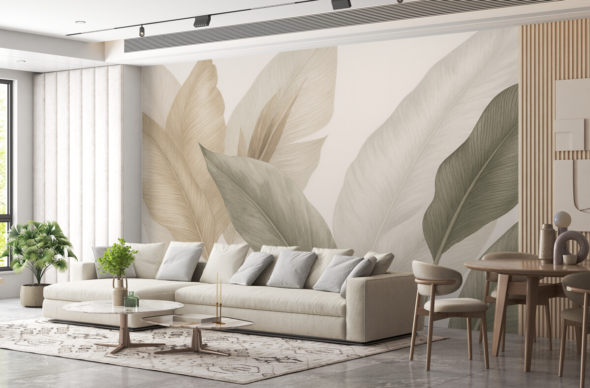 Fototapeta Tropikalne liście w subtelnych tonacjach beżu oraz zieleni, z efektem akwareli i delikatnymi zmianami kolorów.