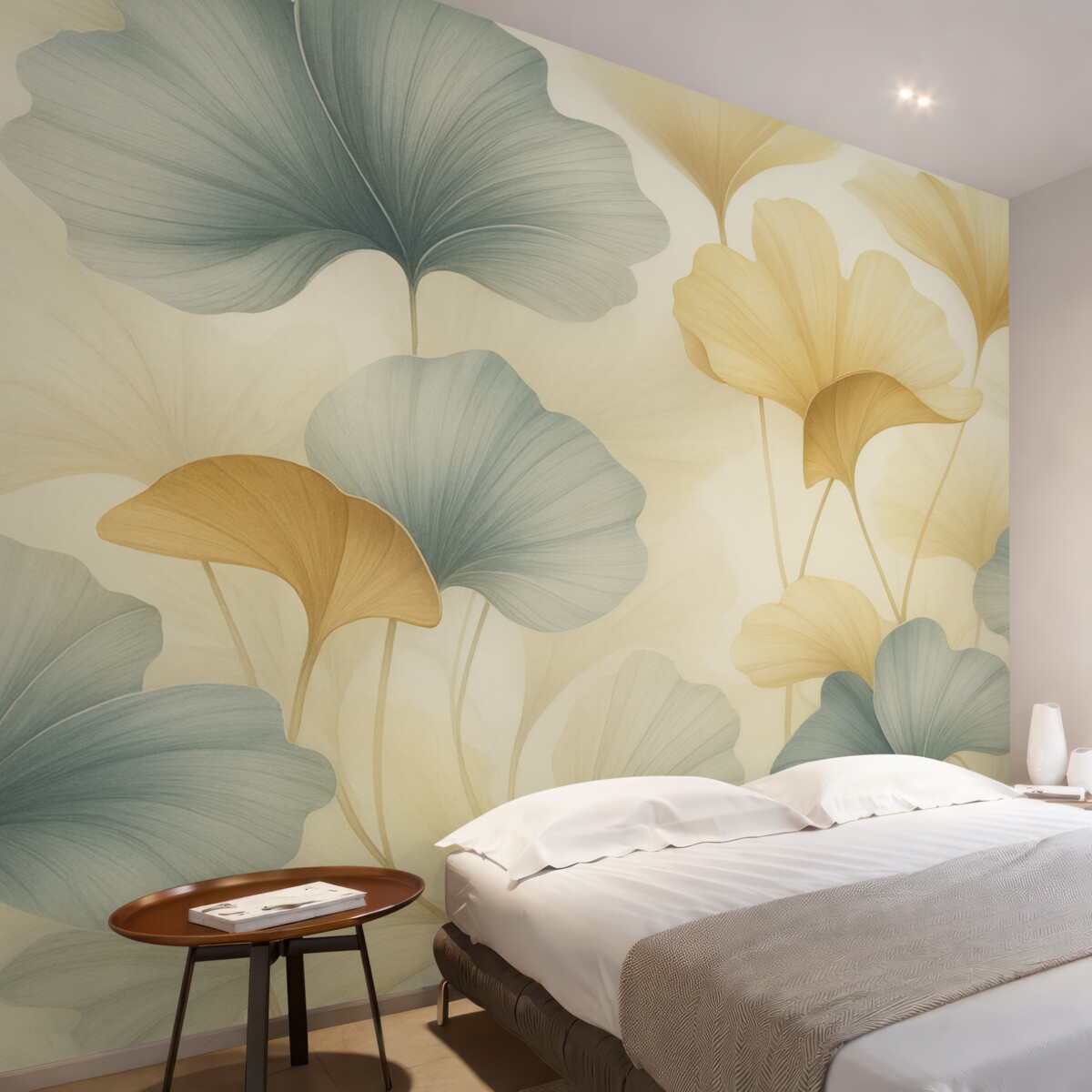 Fototapeta Wzór liści miłorzębu w subtelnych pastelowych tonach, łączących zieleń, złoto i jasny krem, kreując lekką i przewiewną aurę.