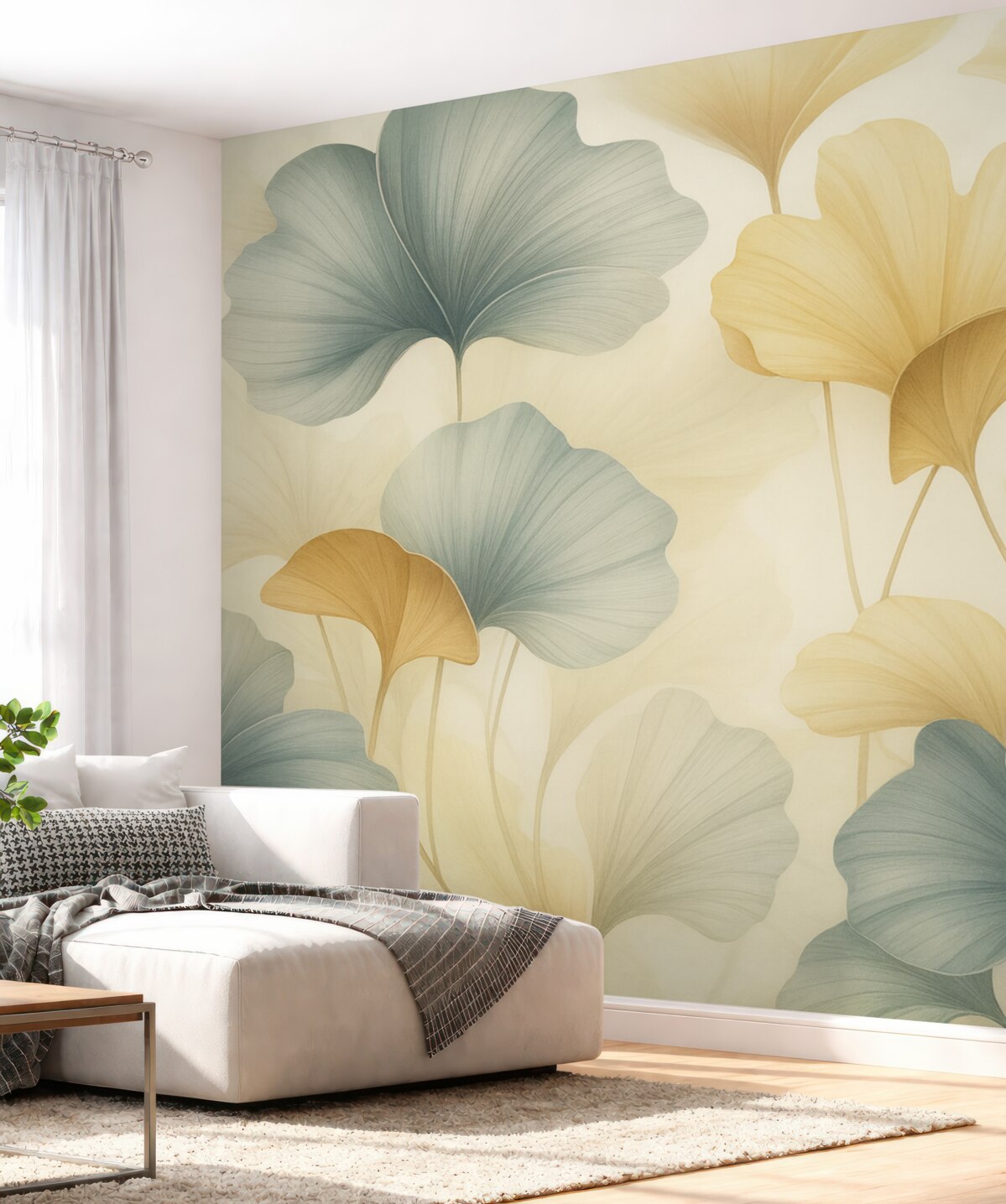 Fototapeta Wzór liści miłorzębu w subtelnych pastelowych tonach, łączących zieleń, złoto i jasny krem, kreując lekką i przewiewną aurę.