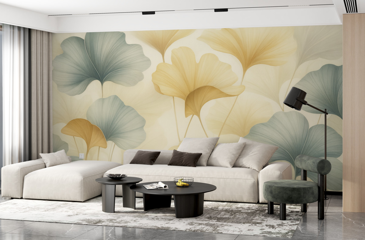 Fototapeta Wzór liści miłorzębu w subtelnych pastelowych tonach, łączących zieleń, złoto i jasny krem, kreując lekką i przewiewną aurę.