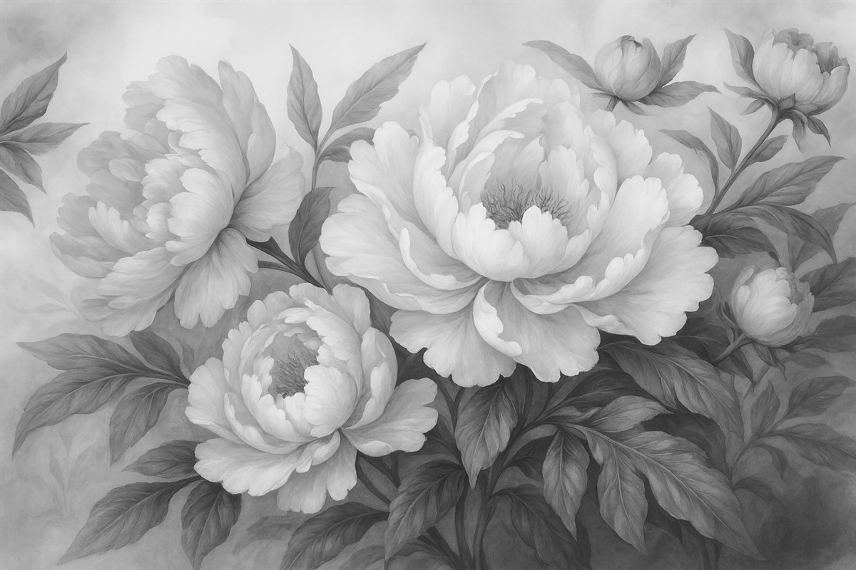 Fototapeta Luksusowe piwonie w tonacjach szarości, z subtelnymi szczegółami płatków i liści, tworzą elegancką oraz spokojną aurę.