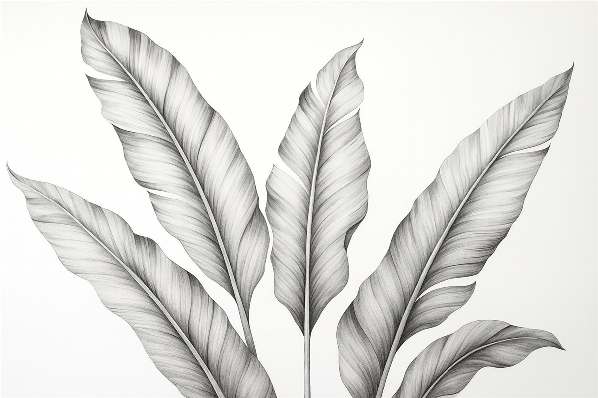 Fototapeta Ilustracja liści bananowca w odcieniach czerni i bieli.