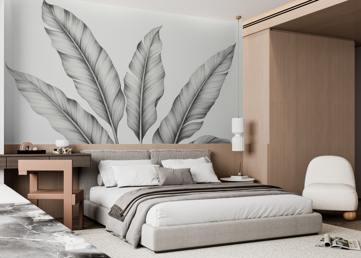 Fototapeta Ilustracja liści bananowca w odcieniach czerni i bieli.