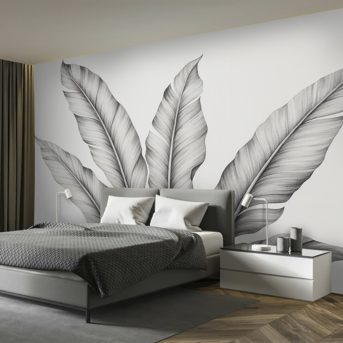 Fototapeta Ilustracja liści bananowca w odcieniach czerni i bieli.