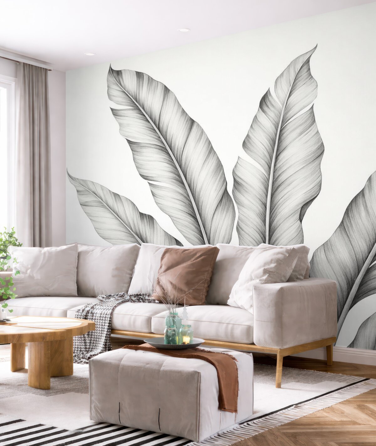 Fototapeta Ilustracja liści bananowca w odcieniach czerni i bieli.