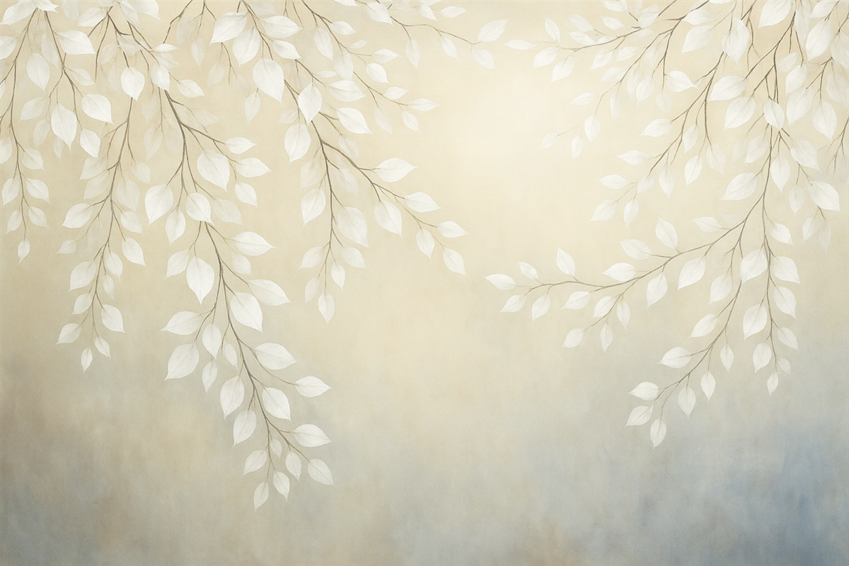 Fototapeta Cienkie gałązki z jasnymi liśćmi opadającymi w dół.