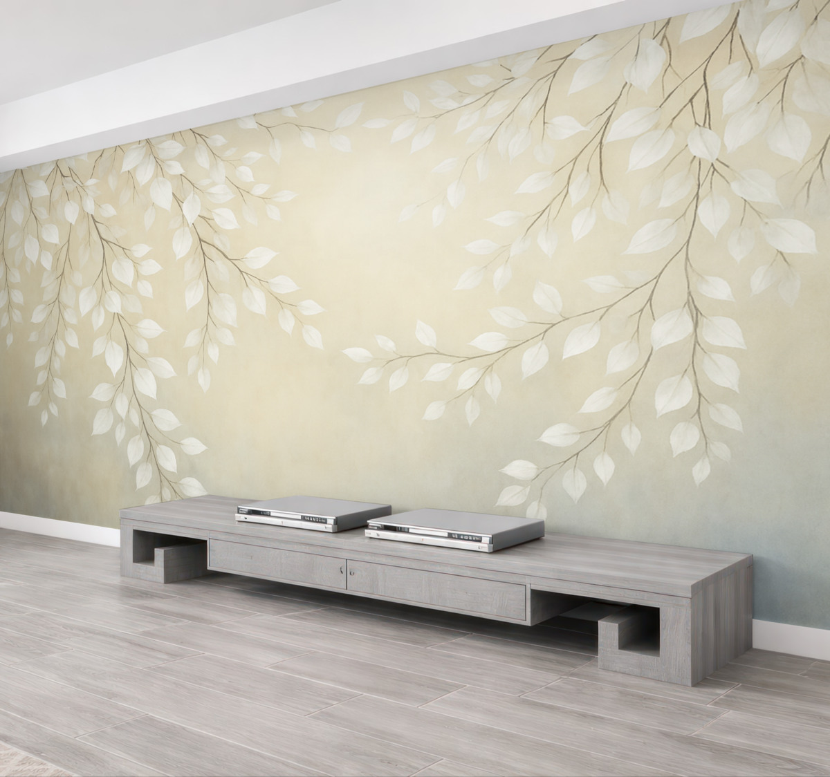 Fototapeta Cienkie gałązki z jasnymi liśćmi opadającymi w dół.