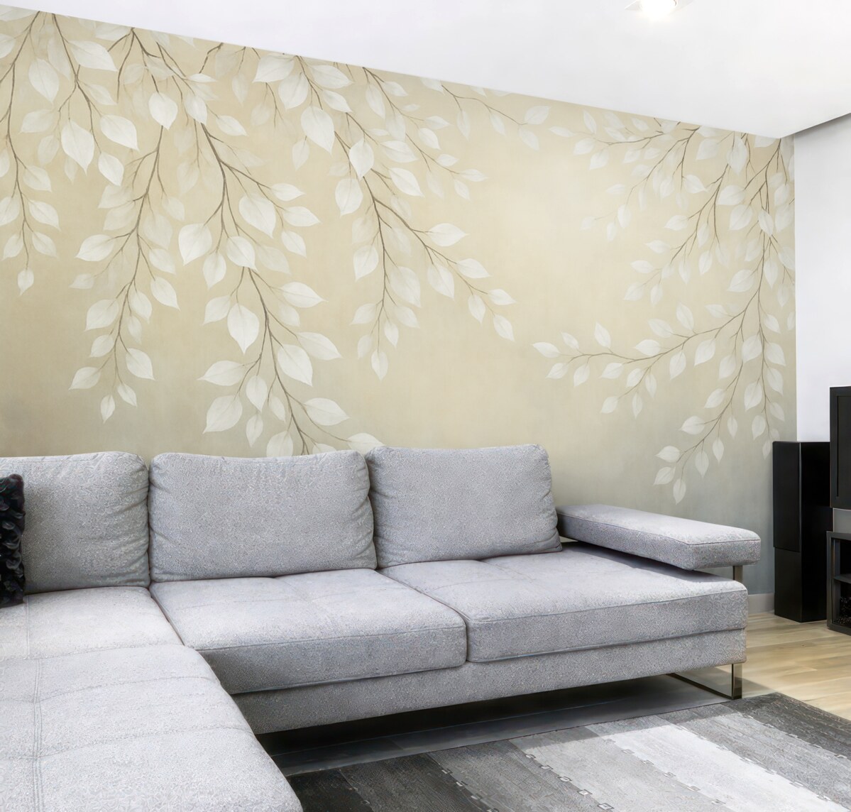 Fototapeta Cienkie gałązki z jasnymi liśćmi opadającymi w dół.