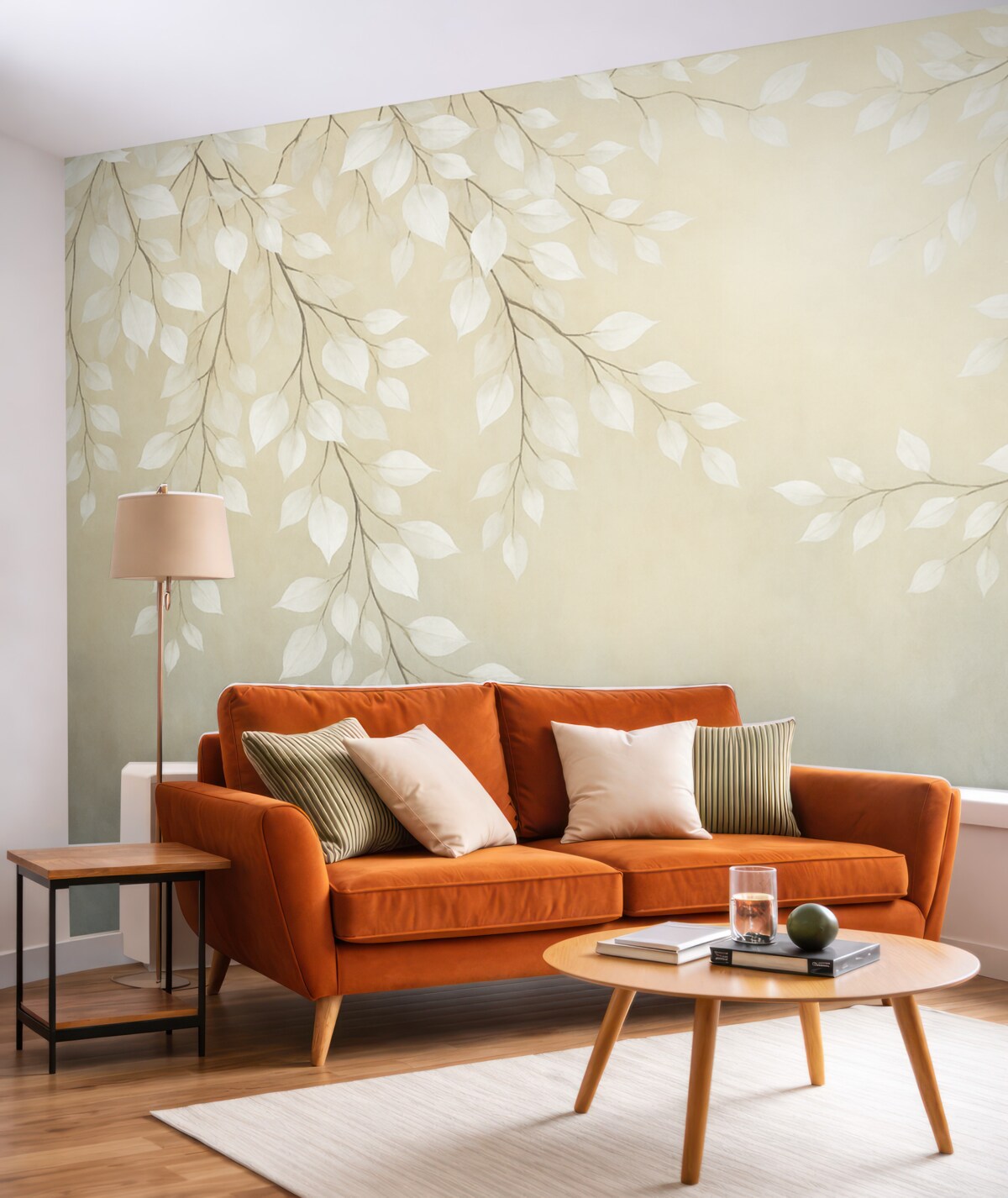 Fototapeta Cienkie gałązki z jasnymi liśćmi opadającymi w dół.