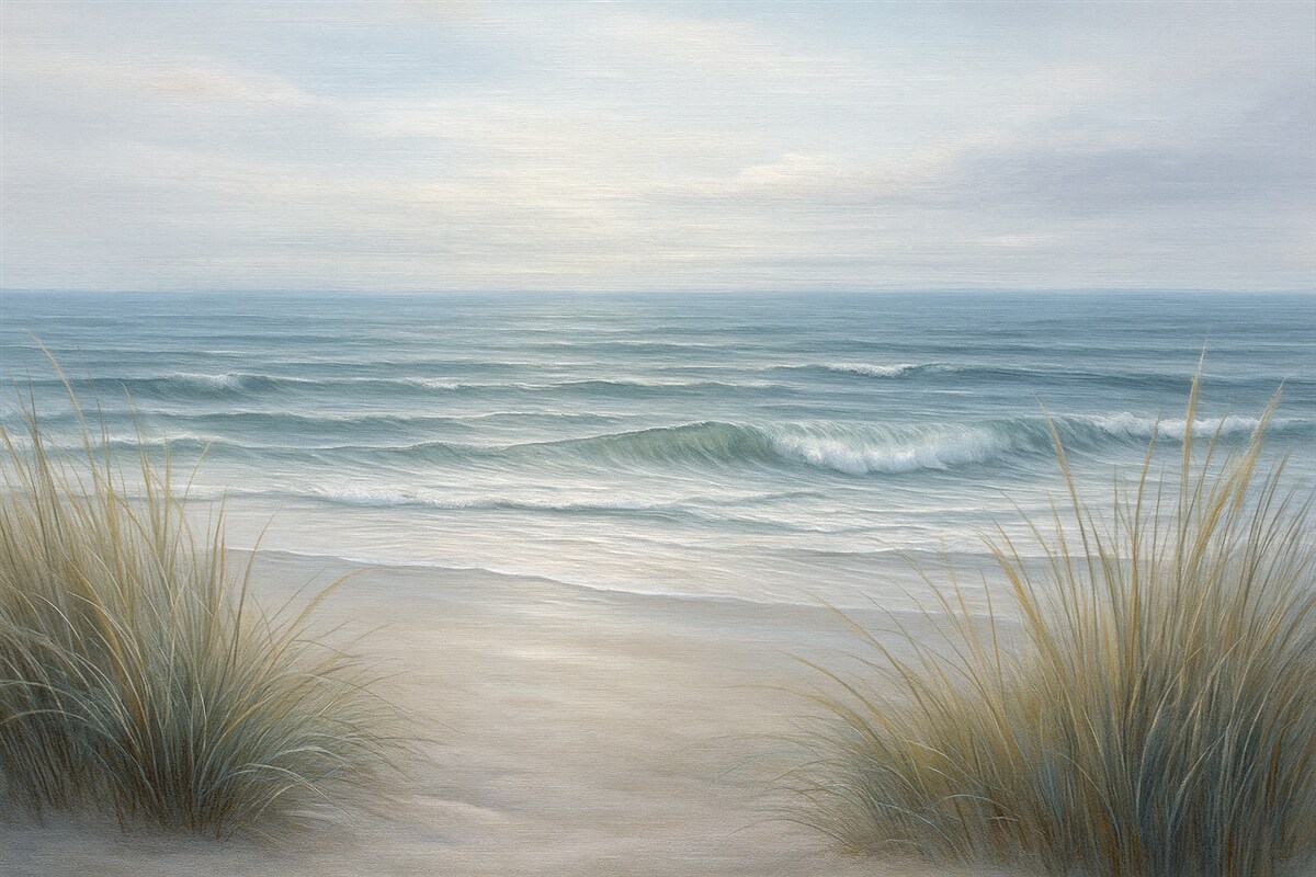 Fototapeta Pejzaż z naturalną plażą w technice malarstwa olejnego.