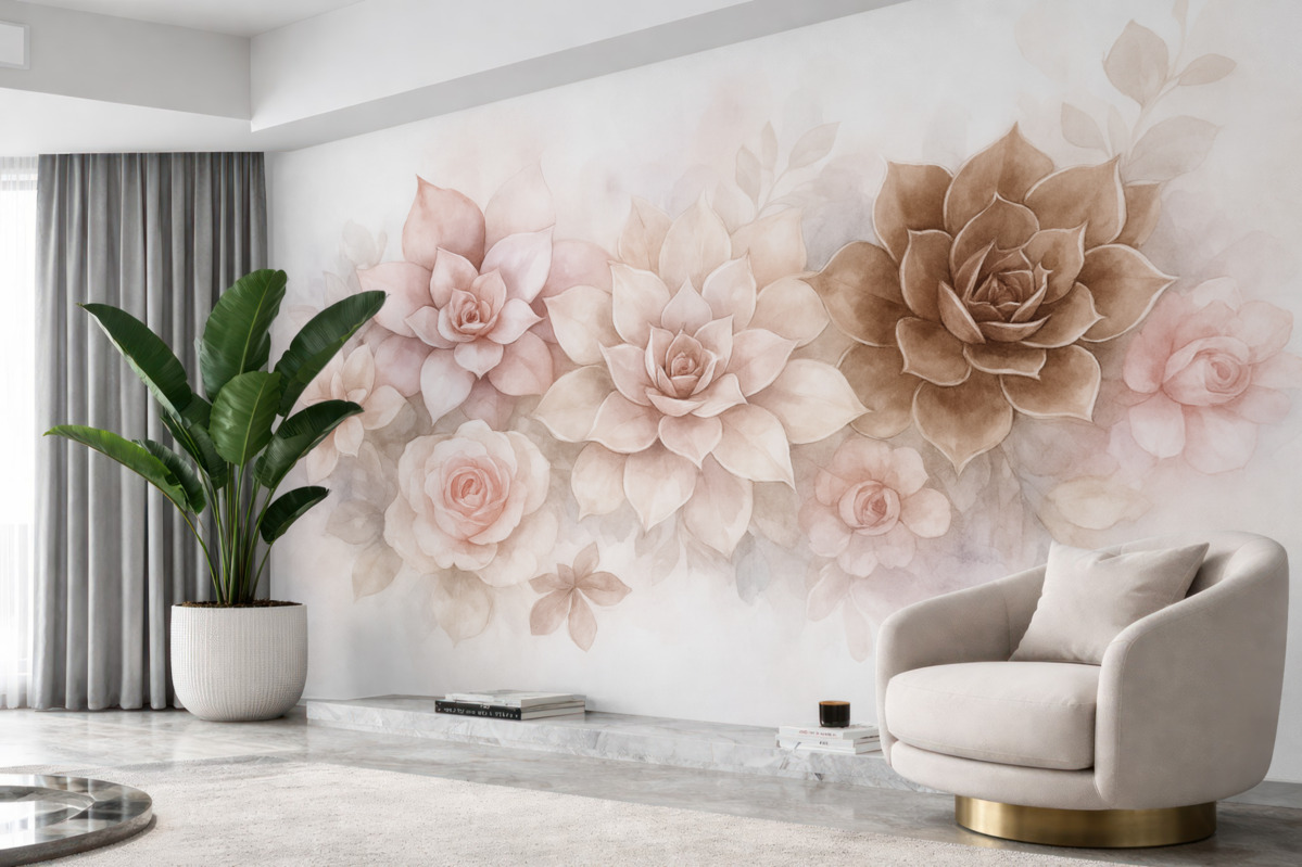 Fototapeta Subtelne, soczyste sukulenty oraz kwiatowe motywy w stylu akwareli w ciepłych odcieniach.