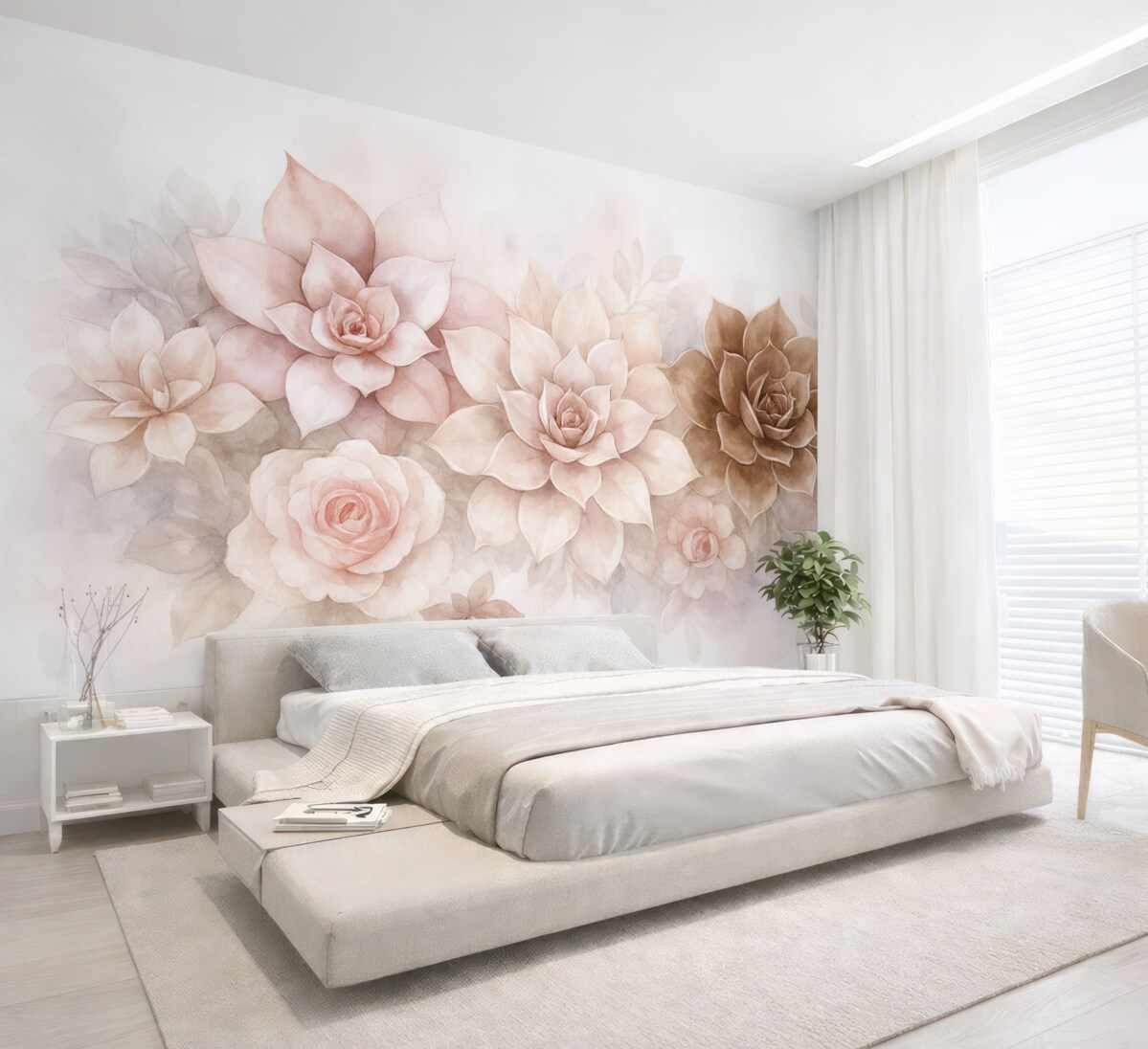 Fototapeta Subtelne, soczyste sukulenty oraz kwiatowe motywy w stylu akwareli w ciepłych odcieniach.