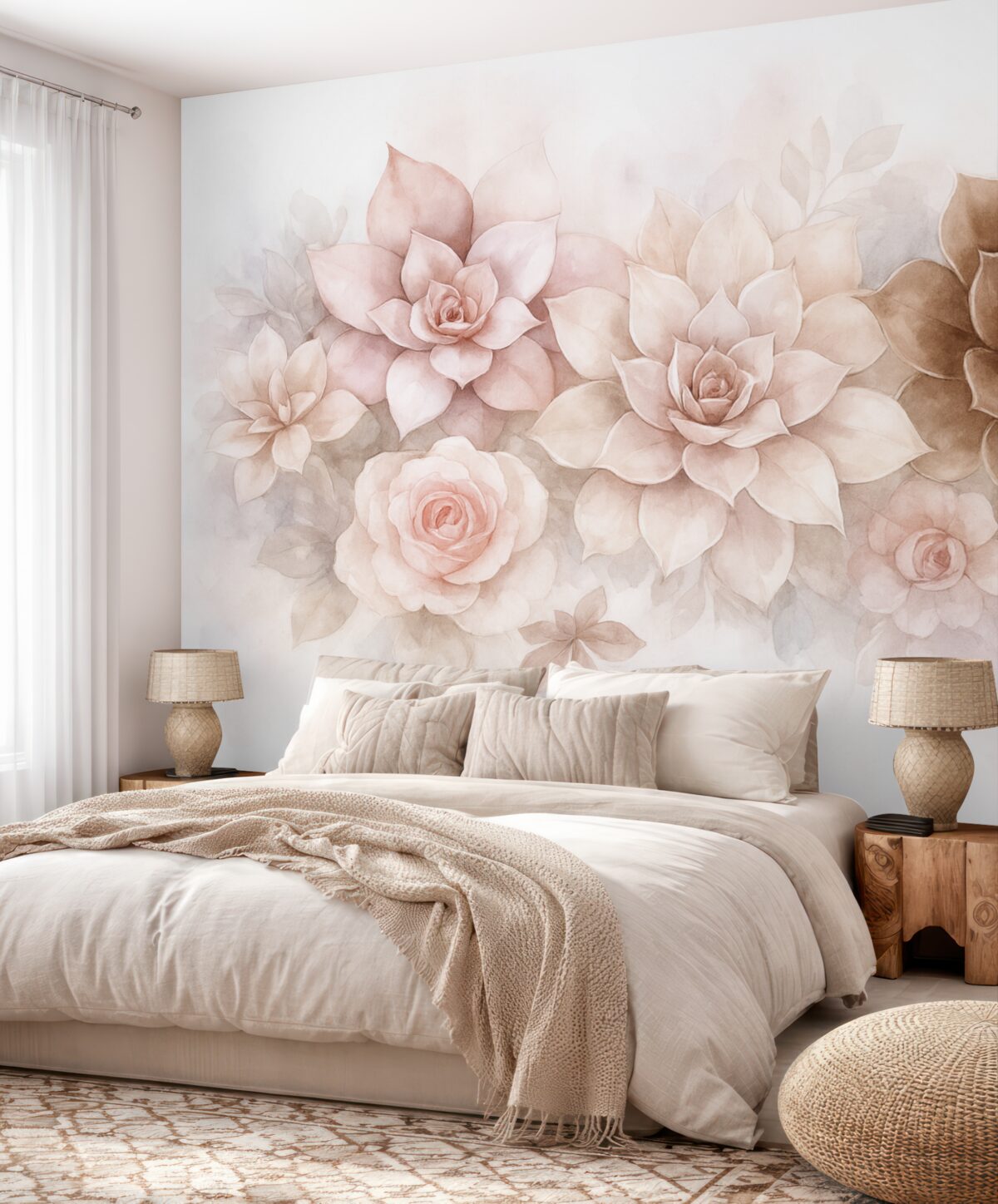 Fototapeta Subtelne, soczyste sukulenty oraz kwiatowe motywy w stylu akwareli w ciepłych odcieniach.