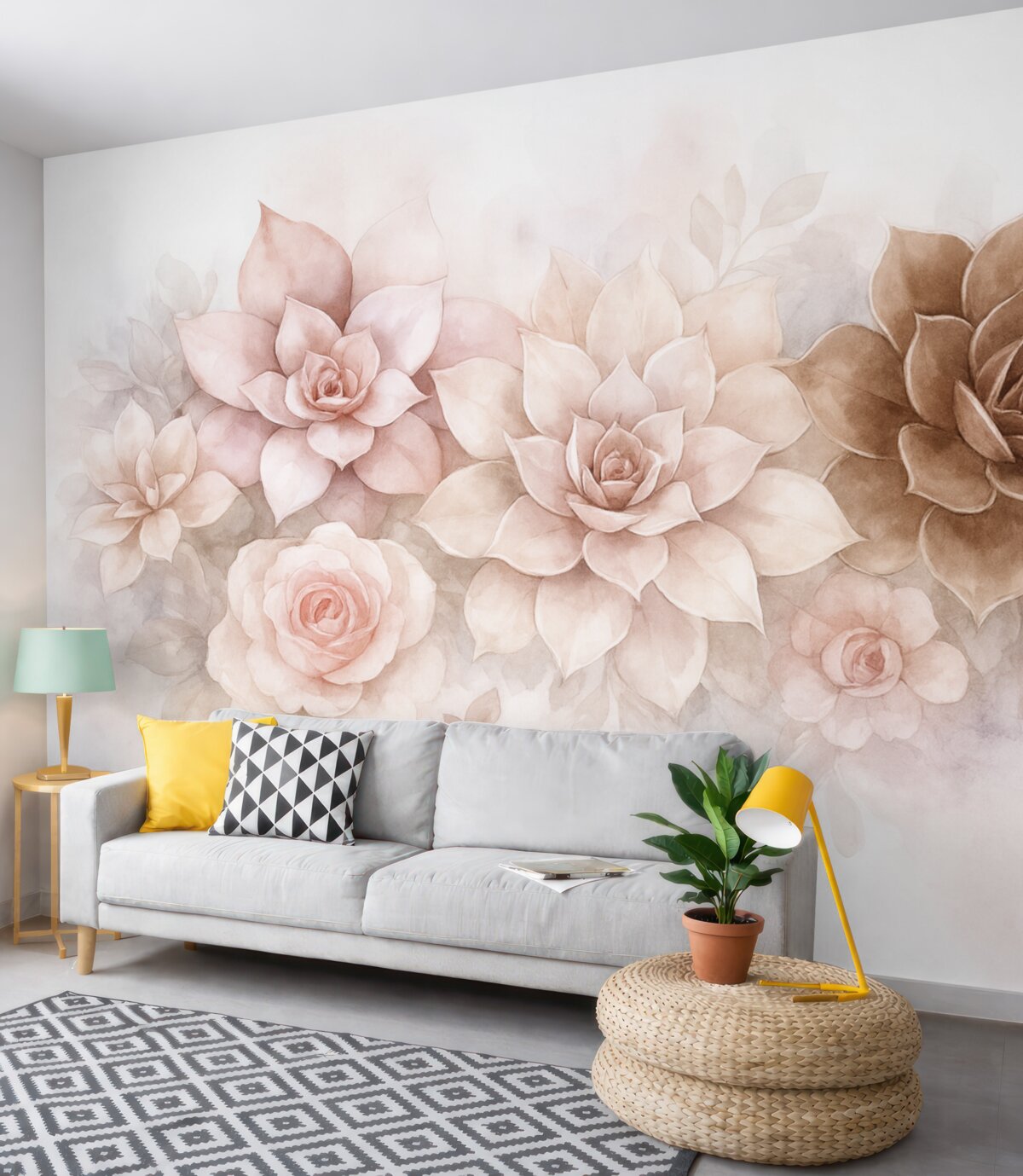 Fototapeta Subtelne, soczyste sukulenty oraz kwiatowe motywy w stylu akwareli w ciepłych odcieniach.