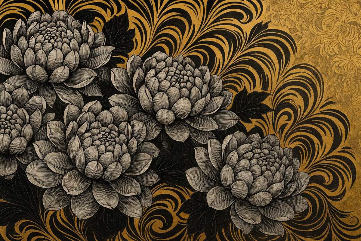 Fototapeta Kwitnące piwonie w formie graficznej na żółtym wzorowanym tle.