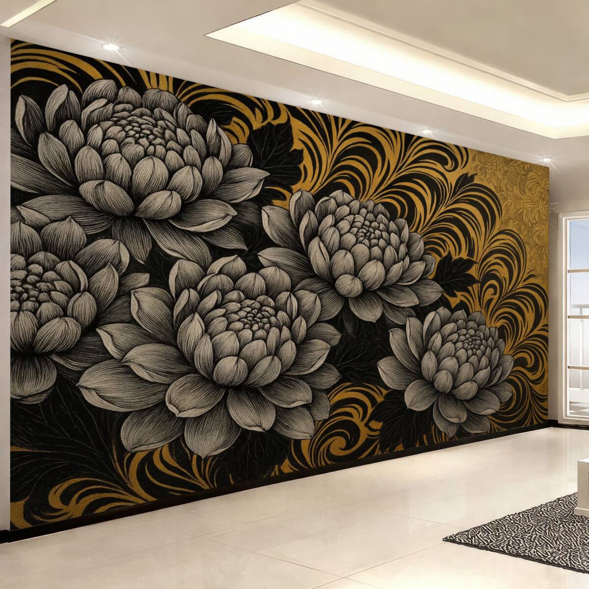 Fototapeta Kwitnące piwonie w formie graficznej na żółtym wzorowanym tle.