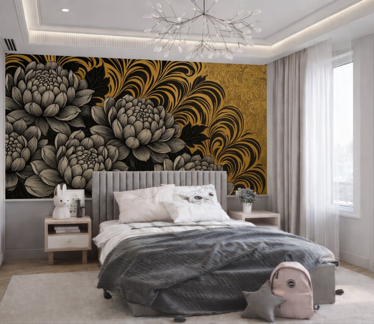 Fototapeta Kwitnące piwonie w formie graficznej na żółtym wzorowanym tle.