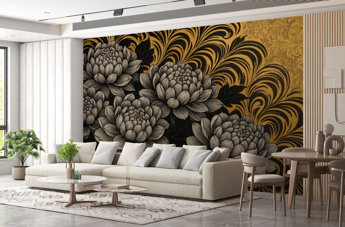 Fototapeta Kwitnące piwonie w formie graficznej na żółtym wzorowanym tle.